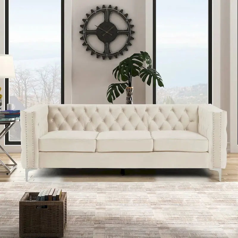 Morden Fort Ensemble canapé et causeuse 2 places en velours hollandais beige, avec pieds en fer