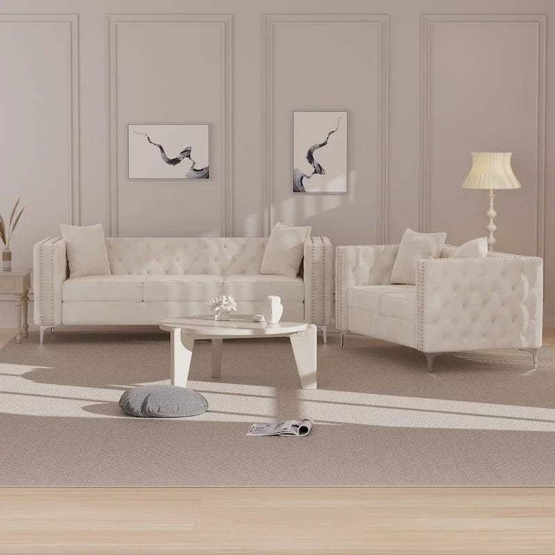 Morden Fort Ensemble canapé et causeuse 2 places en velours hollandais beige, avec pieds en fer