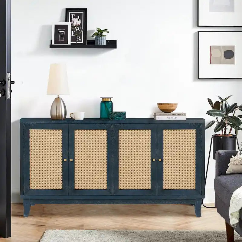 Meuble de rangement d'appoint avec 4 portes en rotin