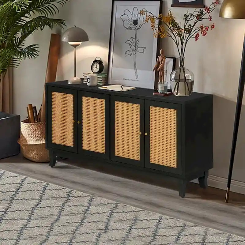 Meuble de rangement d'appoint avec 4 portes en rotin