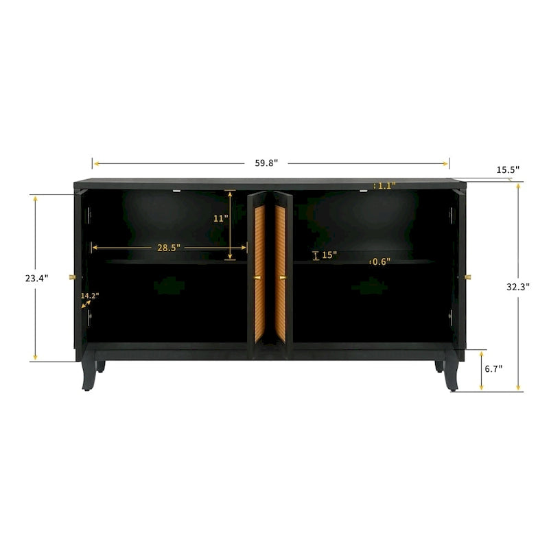 Meuble de rangement d'appoint avec 4 portes en rotin