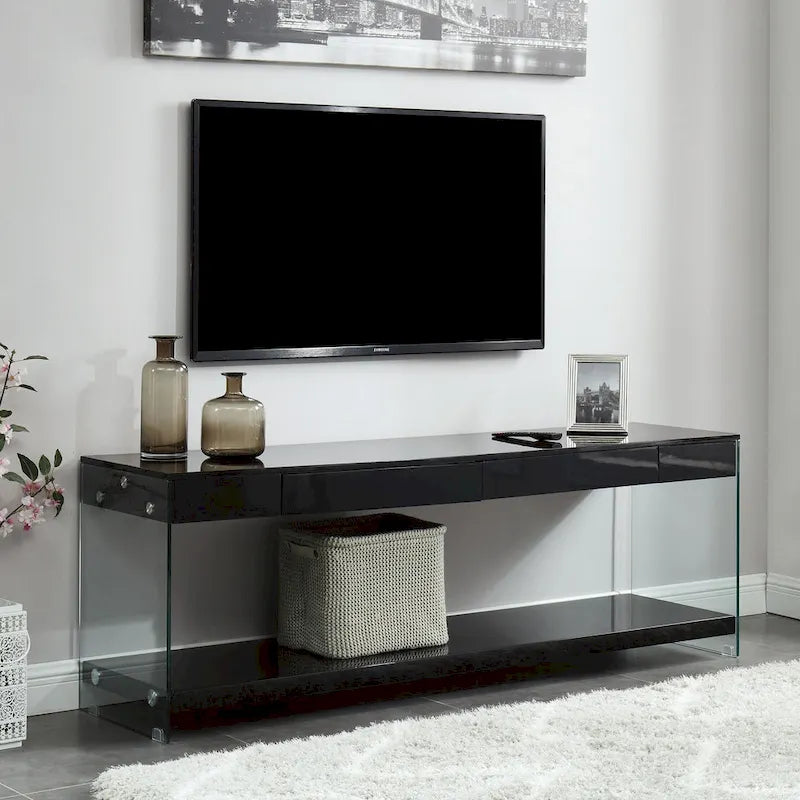 Meuble TV Takamura Modern 60 po en verre, 1 tablette et 1 tiroir, par Strick & Bolton
