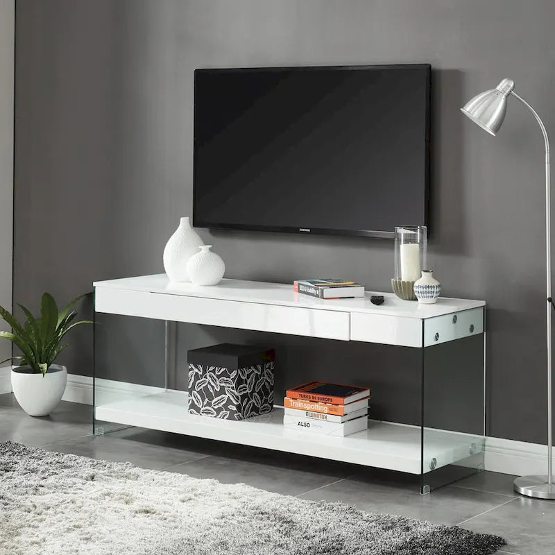 Meuble TV Takamura Modern 60 po en verre, 1 tablette et 1 tiroir, par Strick & Bolton