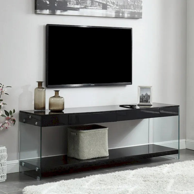 Meuble TV Takamura Modern 60 po en verre, 1 tablette et 1 tiroir, par Strick & Bolton