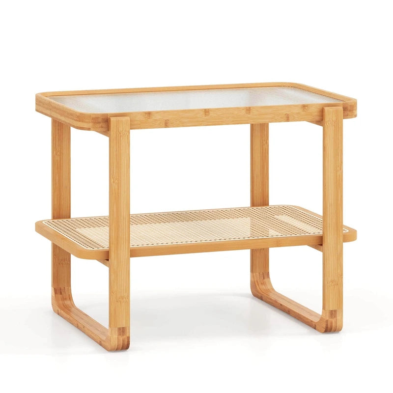 Table d'appoint en bambou avec étagère en rotin et plateau en verre Table de nuit