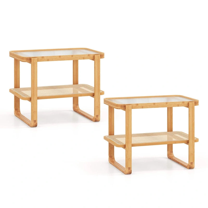 Table d'appoint en bambou avec étagère en rotin et plateau en verre Table de nuit