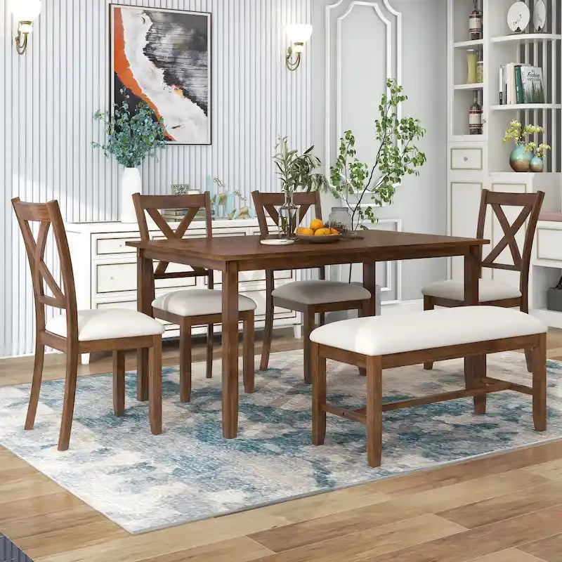 Ensemble de salle à manger Nestfair 6 pièces avec 4 chaises en tissu et un banc