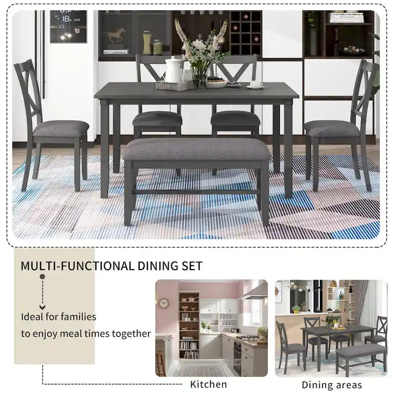 Ensemble de salle à manger Nestfair 6 pièces avec 4 chaises en tissu et un banc