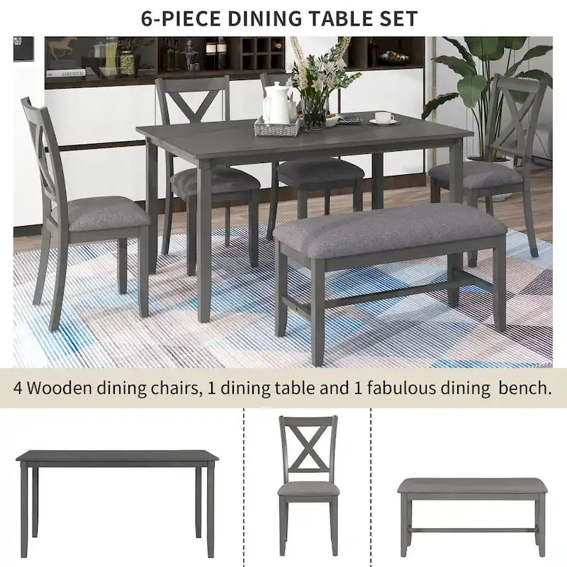 Ensemble de salle à manger Nestfair 6 pièces avec 4 chaises en tissu et un banc