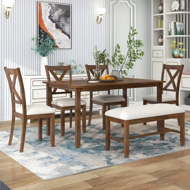 Ensemble de salle à manger Nestfair 6 pièces avec 4 chaises en tissu et un banc