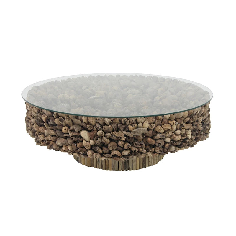 Driftwood Handmade Collage and Pedestal Base Coffee Table with Tempered Glass Top - Brown - Roche River Decor