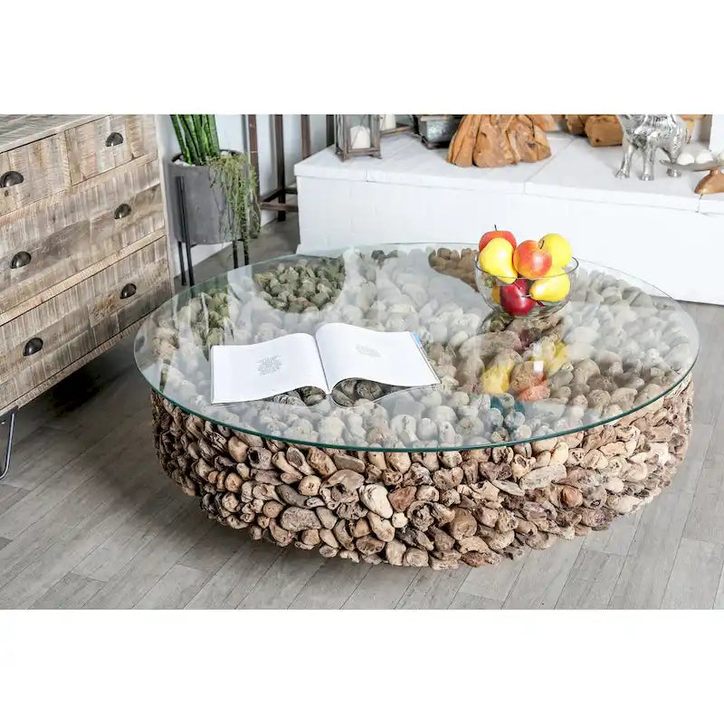 Table basse Roche River Decor avec collage artisanal en bois flotté, piédestal et plateau en verre trempé - Marron