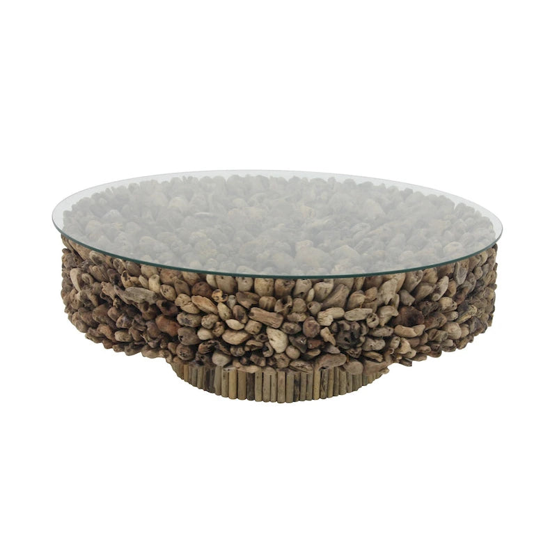 Table basse Roche River Decor avec collage artisanal en bois flotté, piédestal et plateau en verre trempé - Marron