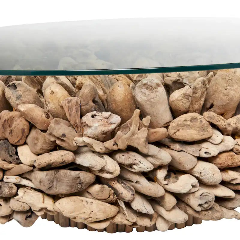 Table basse Roche River Decor avec collage artisanal en bois flotté, piédestal et plateau en verre trempé - Marron