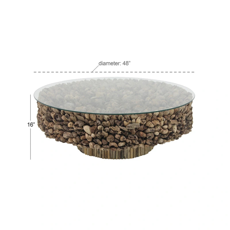 Table basse Roche River Decor avec collage artisanal en bois flotté, piédestal et plateau en verre trempé - Marron
