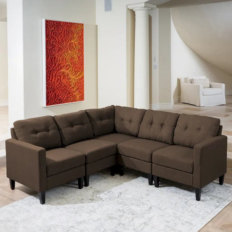 Emmie – Ensemble de canapés modulaires de 5 places, style Mid-century Modern, par Christopher Knight Home