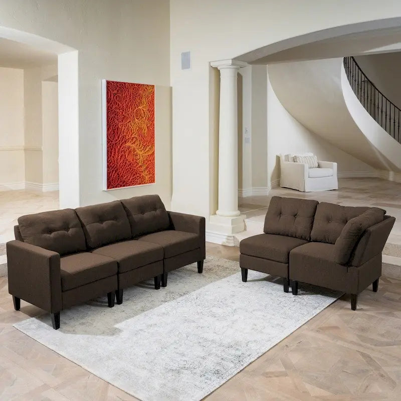 Emmie – Ensemble de canapés modulaires de 5 places, style Mid-century Modern, par Christopher Knight Home