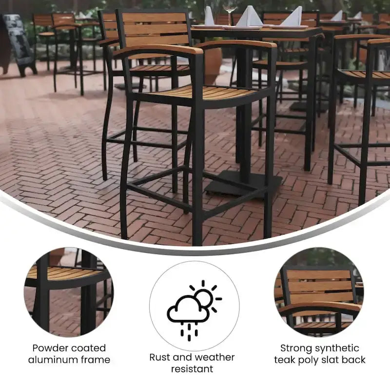 Tabouret de bar d'extérieur de qualité commerciale avec accoudoirs et lattes en poly-résine