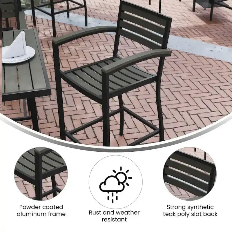 Tabouret de bar d'extérieur de qualité commerciale avec accoudoirs et lattes en poly-résine