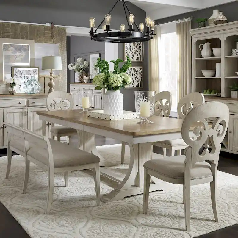Ensemble de salle à manger avec table à tréteaux 6 pièces "Farmhouse Reimagined" blanc antique et châtaigne