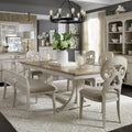 Ensemble de salle à manger avec table à tréteaux 6 pièces "Farmhouse Reimagined" blanc antique et châtaigne