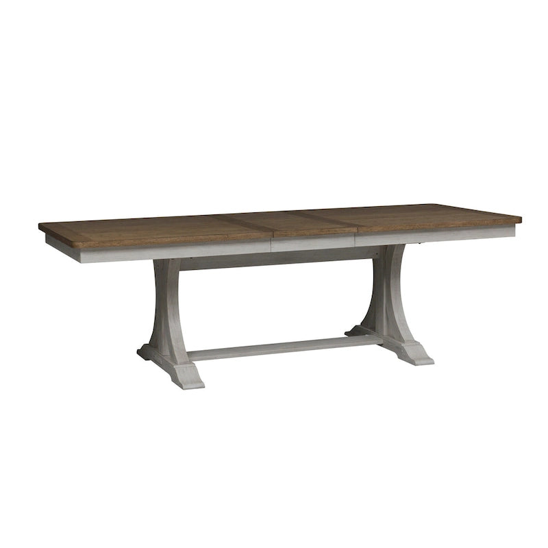 Ensemble de salle à manger avec table à tréteaux 6 pièces "Farmhouse Reimagined" blanc antique et châtaigne