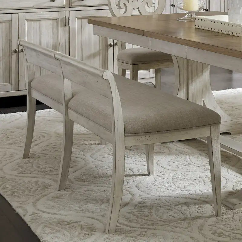 Ensemble de salle à manger avec table à tréteaux 6 pièces "Farmhouse Reimagined" blanc antique et châtaigne
