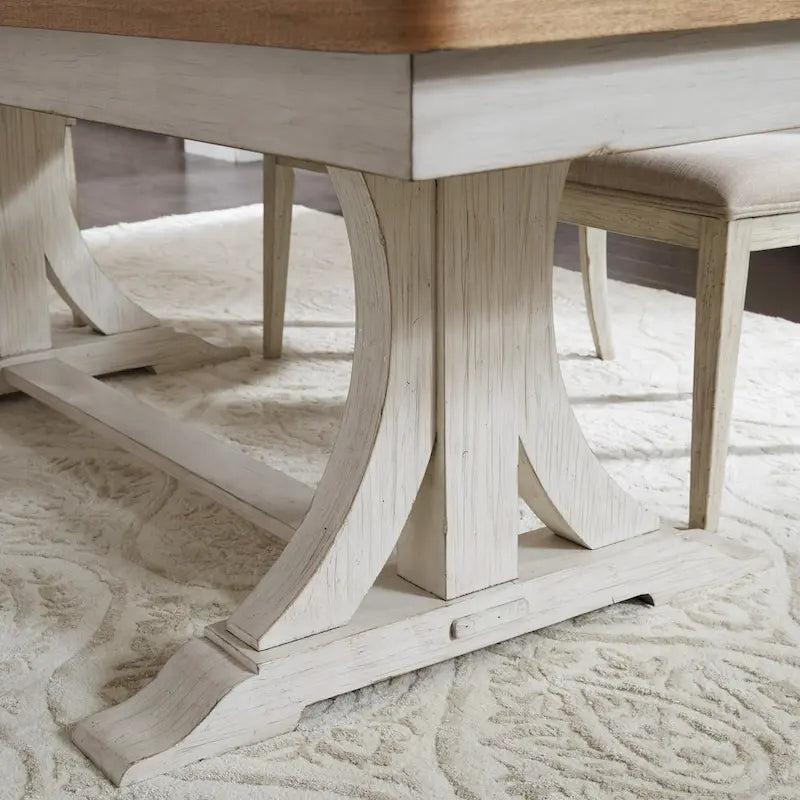 Ensemble de salle à manger avec table à tréteaux 6 pièces "Farmhouse Reimagined" blanc antique et châtaigne
