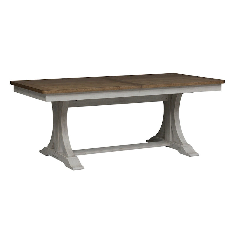 Ensemble de salle à manger avec table à tréteaux 6 pièces "Farmhouse Reimagined" blanc antique et châtaigne