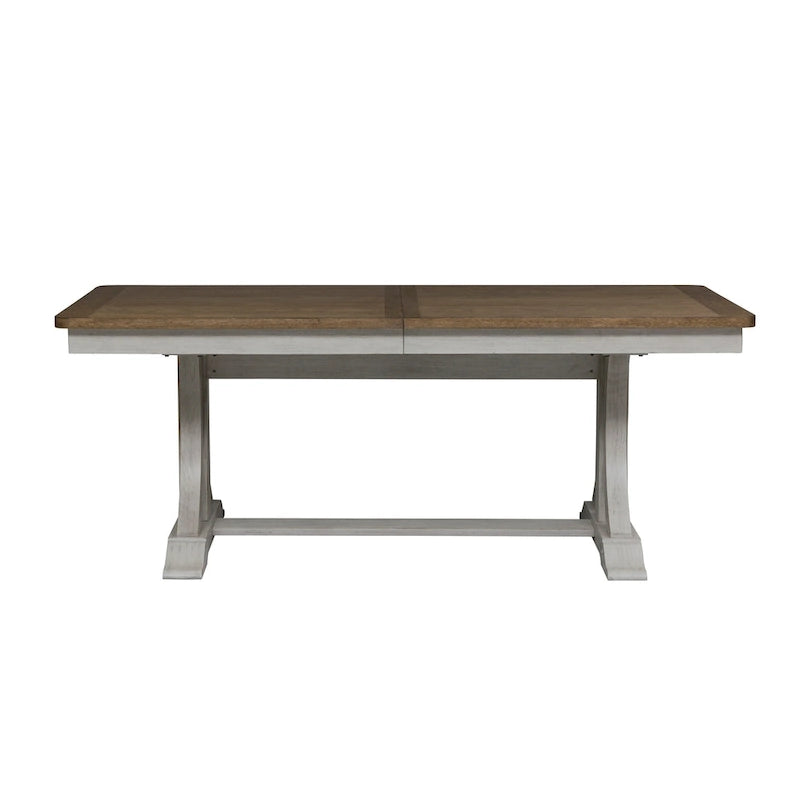 Ensemble de salle à manger avec table à tréteaux 6 pièces "Farmhouse Reimagined" blanc antique et châtaigne