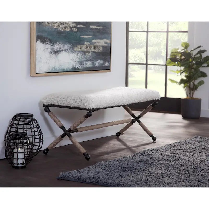 Banc double rembourré en bouclé ivoire Martingale