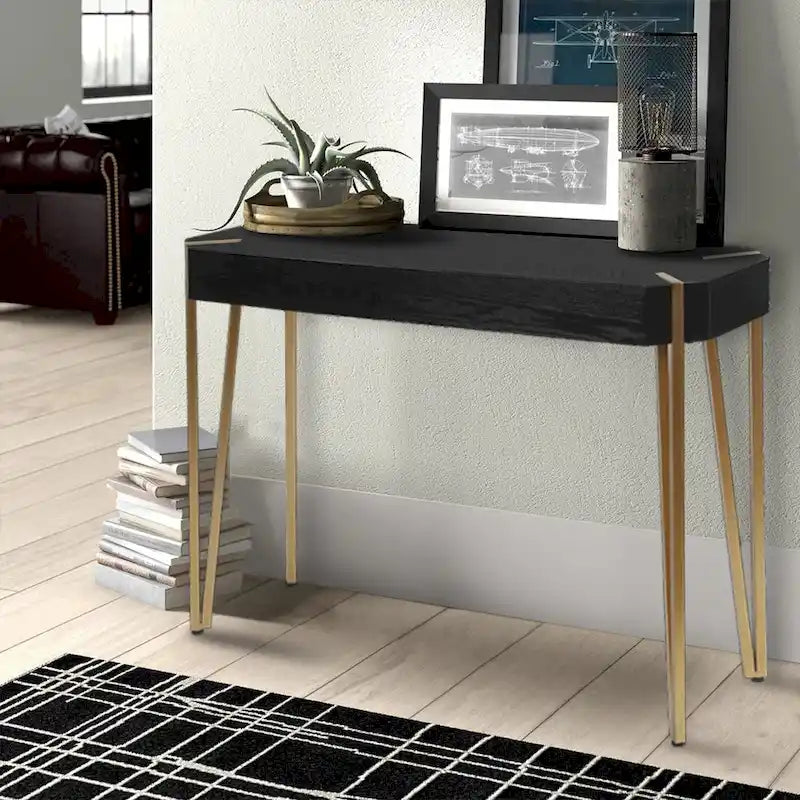 Console et table d'entrée en bois noir et métal doré - 30,25 H x 42 L