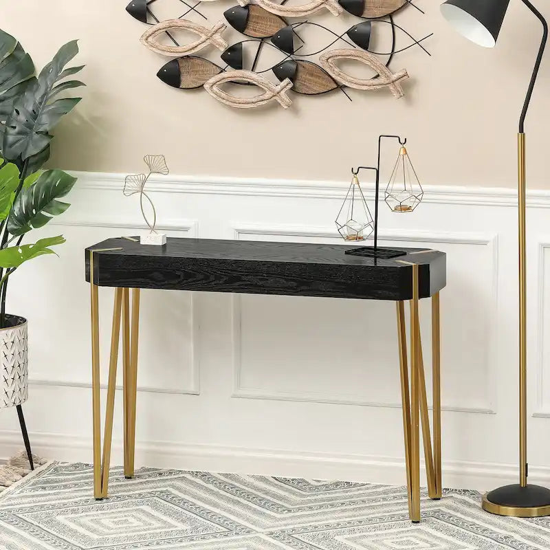Console et table d'entrée en bois noir et métal doré - 30,25 H x 42 L
