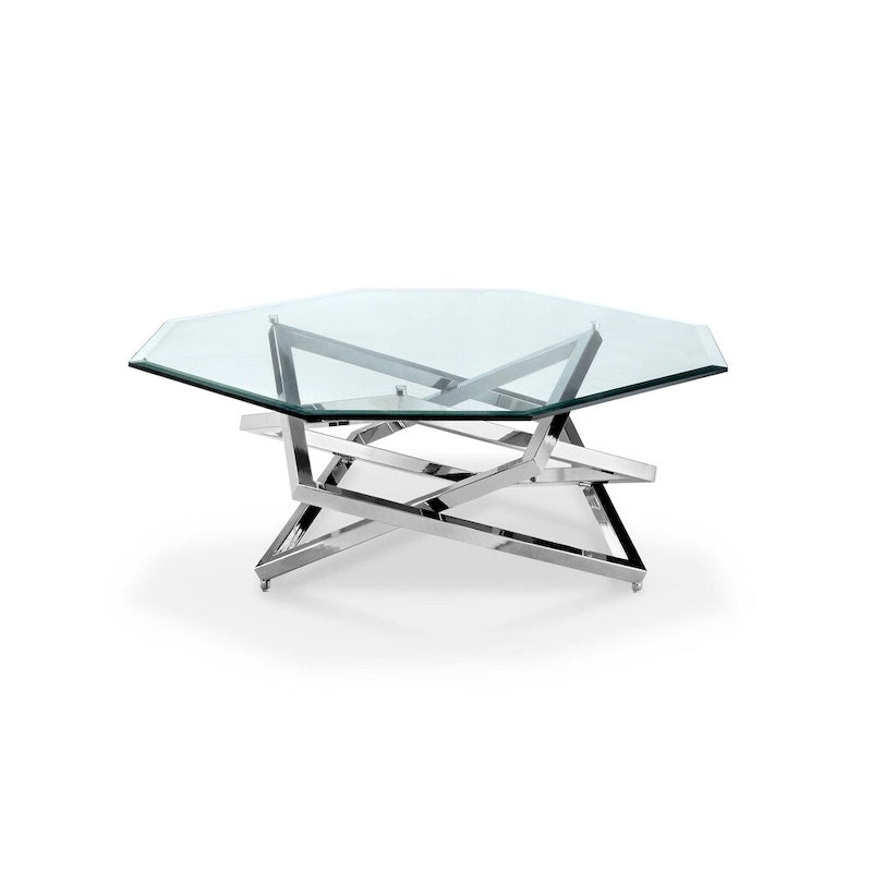Table basse moderne en métal chromé et verre Lenox Square