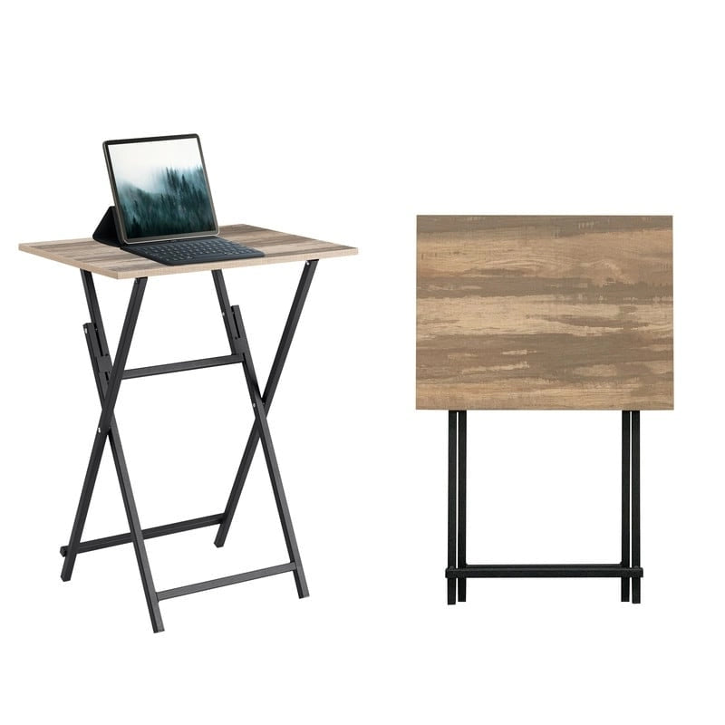 Table d'appoint pliante pour téléviseur, 2 pièces, aucun assemblage requis, portable, pour canapé, table à goûter pour petits espaces, marron rustique et noir