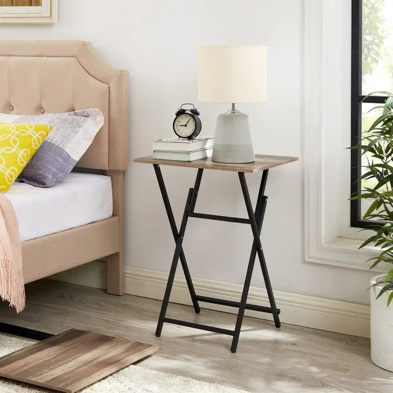 Table d'appoint pliante pour téléviseur, 2 pièces, aucun assemblage requis, portable, pour canapé, table à goûter pour petits espaces, marron rustique et noir