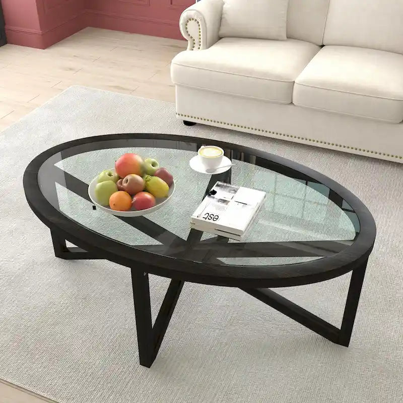 Table basse contemporaine en verre avec piètement en bois