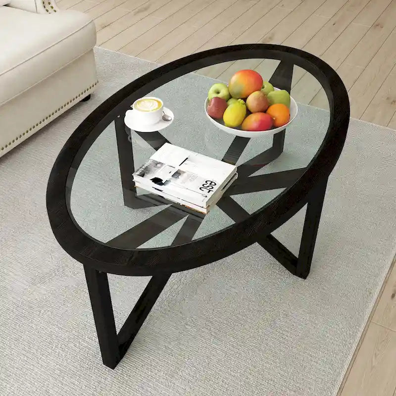Table basse contemporaine en verre avec piètement en bois