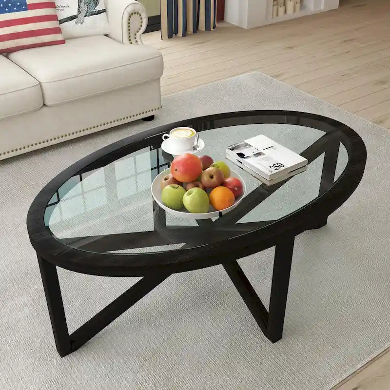 Table basse contemporaine en verre avec piètement en bois
