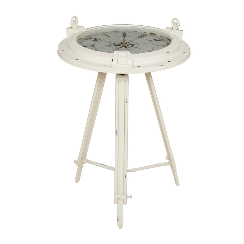 Table d'appoint boussole en métal avec horloge et plateau en verre transparent - Blanc ou Noir - Roche River Decor