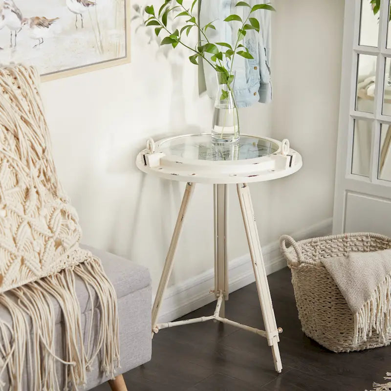 Table d'appoint boussole en métal avec horloge et plateau en verre transparent - Blanc ou Noir - Roche River Decor