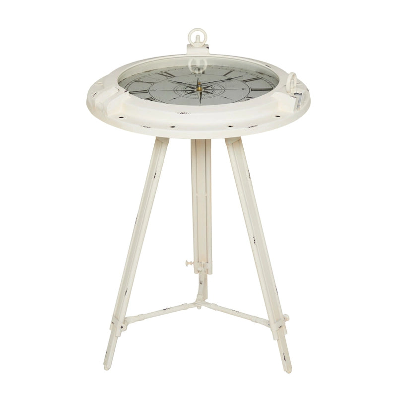 Table d'appoint boussole en métal avec horloge et plateau en verre transparent - Blanc ou Noir - Roche River Decor