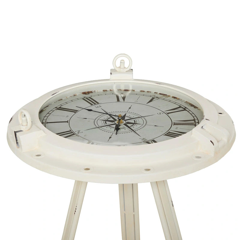 Table d'appoint boussole en métal avec horloge et plateau en verre transparent - Blanc ou Noir - Roche River Decor