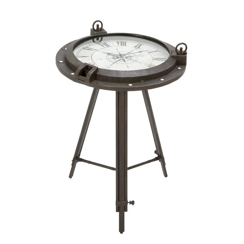 Table d'appoint boussole en métal avec horloge et plateau en verre transparent - Blanc ou Noir - Roche River Decor