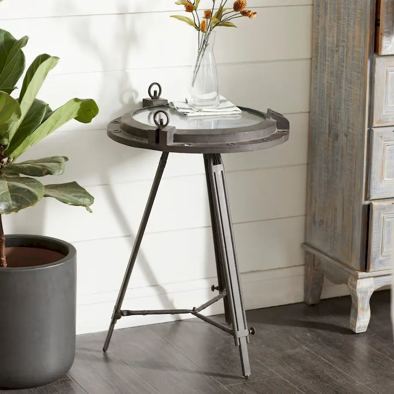 Table d'appoint boussole en métal avec horloge et plateau en verre transparent - Blanc ou Noir - Roche River Decor