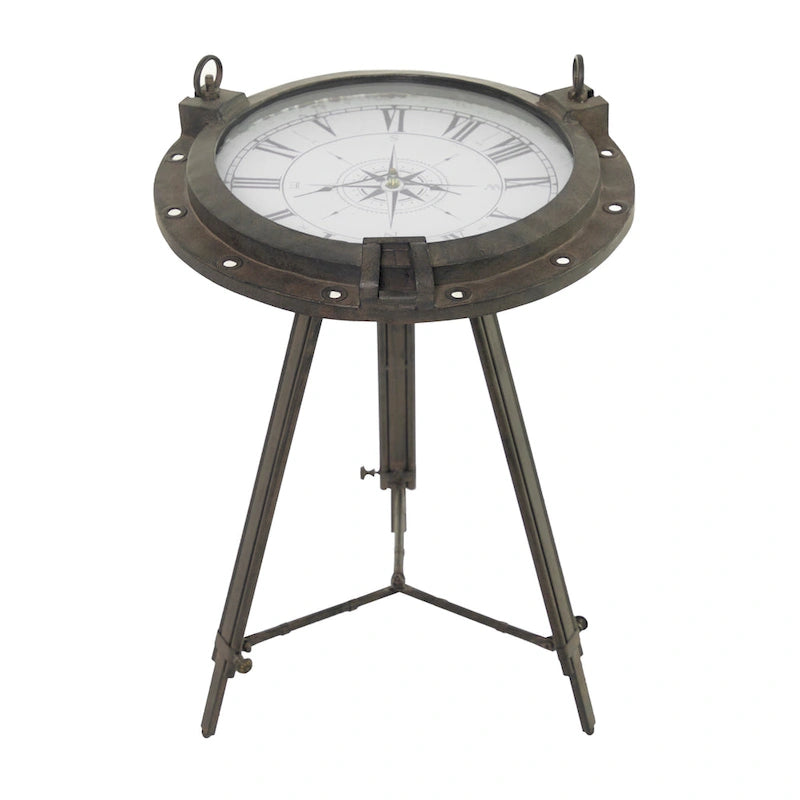 Table d'appoint boussole en métal avec horloge et plateau en verre transparent - Blanc ou Noir - Roche River Decor