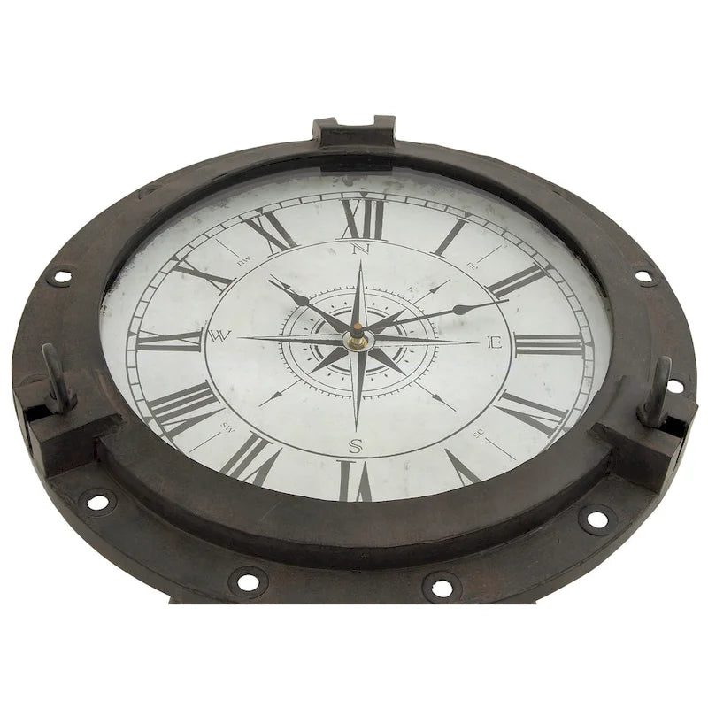 Table d'appoint boussole en métal avec horloge et plateau en verre transparent - Blanc ou Noir - Roche River Decor