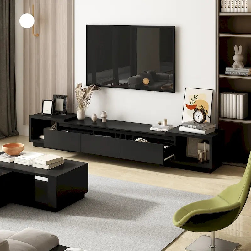 Meuble TV extensible de style moderne avec 3 tiroirs Blanc/Noir 65.4-106.3