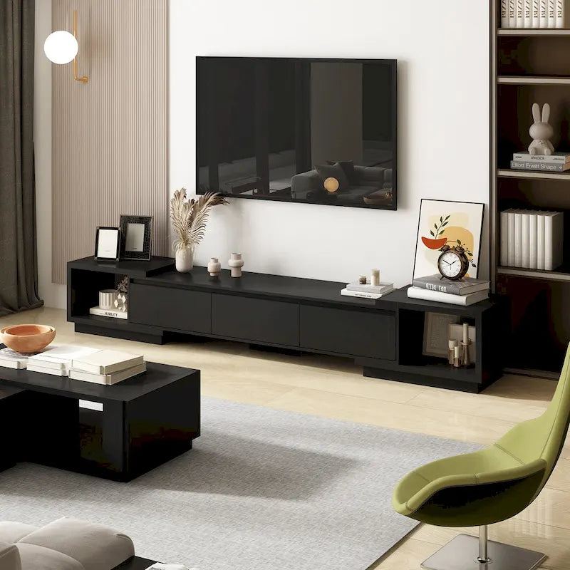 Meuble TV extensible de style moderne avec 3 tiroirs Blanc/Noir 65.4-106.3