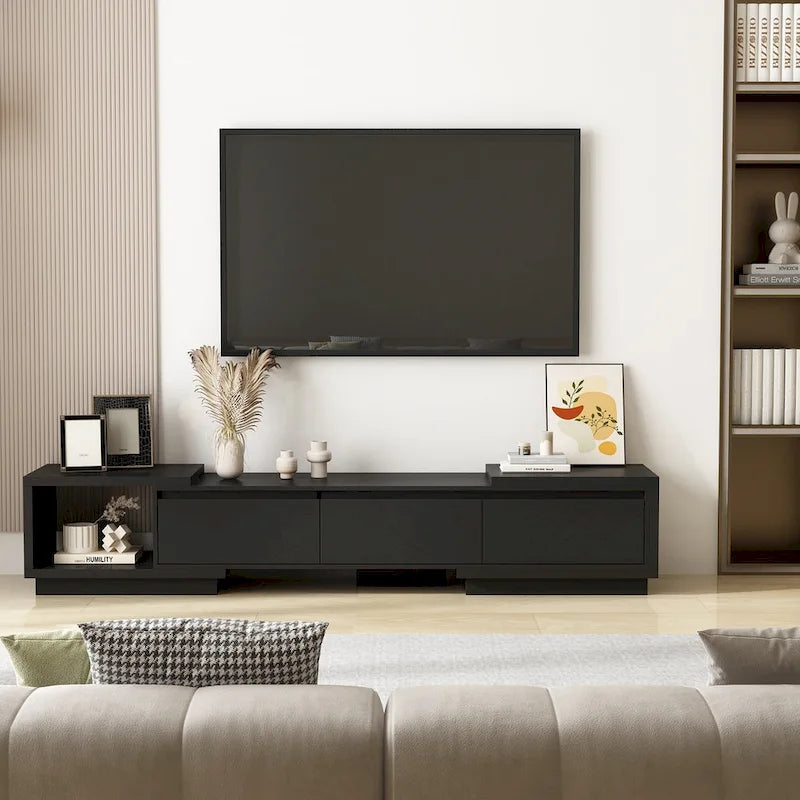 Meuble TV extensible de style moderne avec 3 tiroirs Blanc/Noir 65.4-106.3